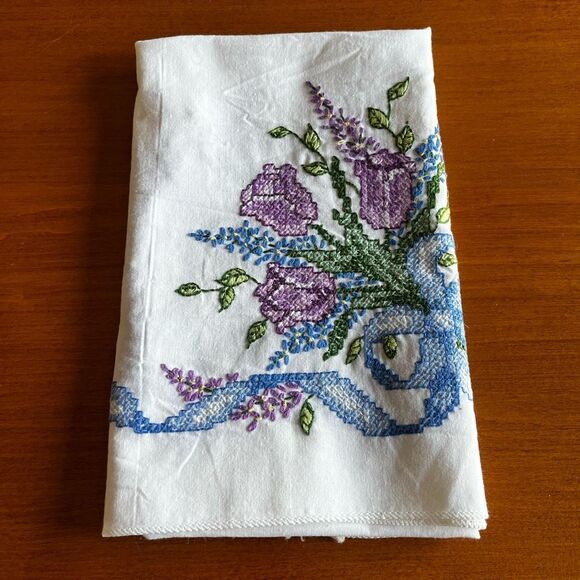 Vintage Hand Embroidered Table Runner Purple & Blue Floral Bouquet with Ribbon - Picture 1 of 8